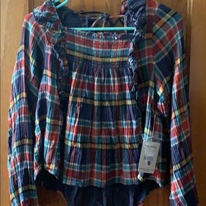 Free People navy combo (plaid) blouse